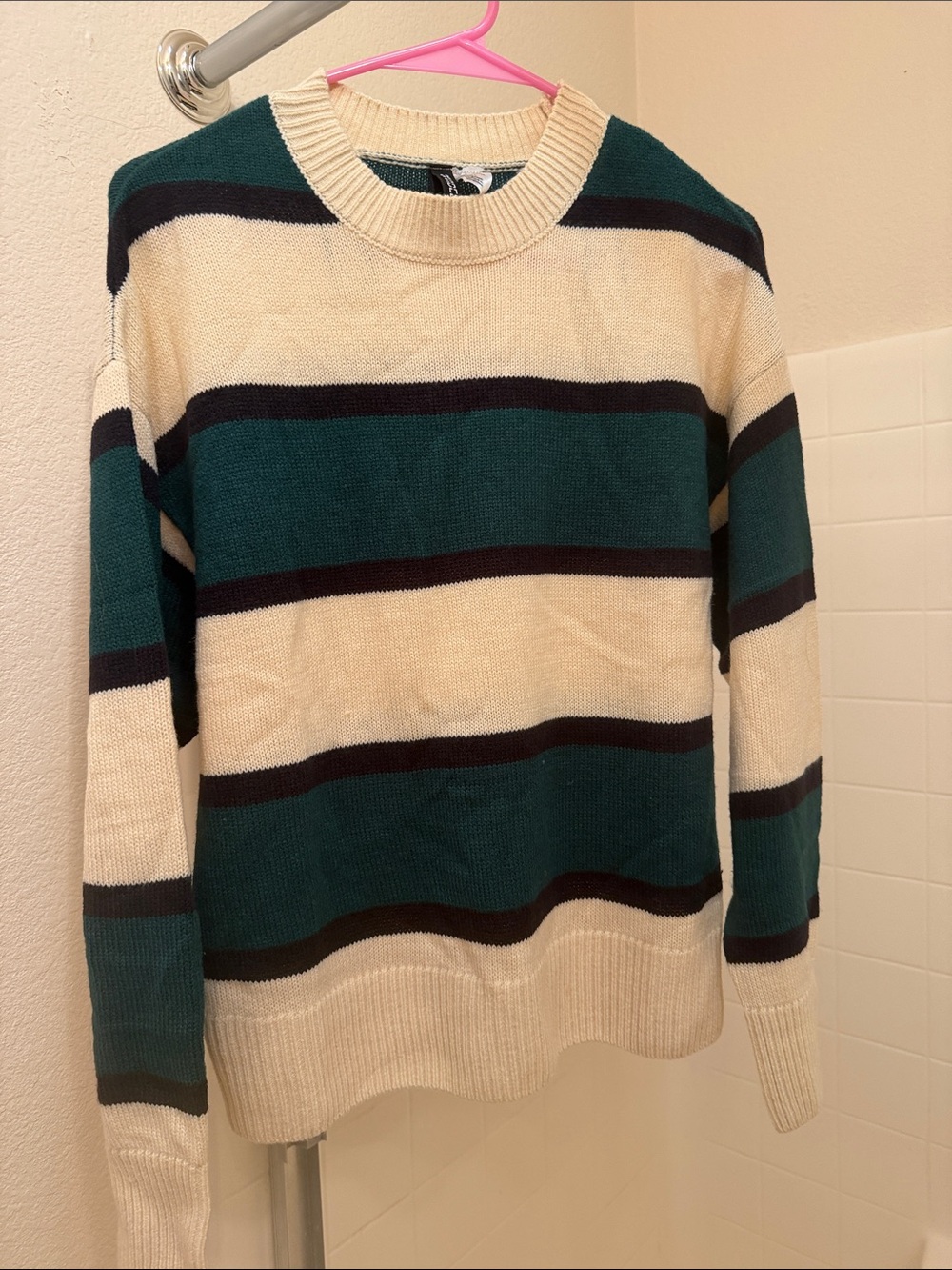 H&M Striped Crewneck Sweater in Cream, Teal & Black